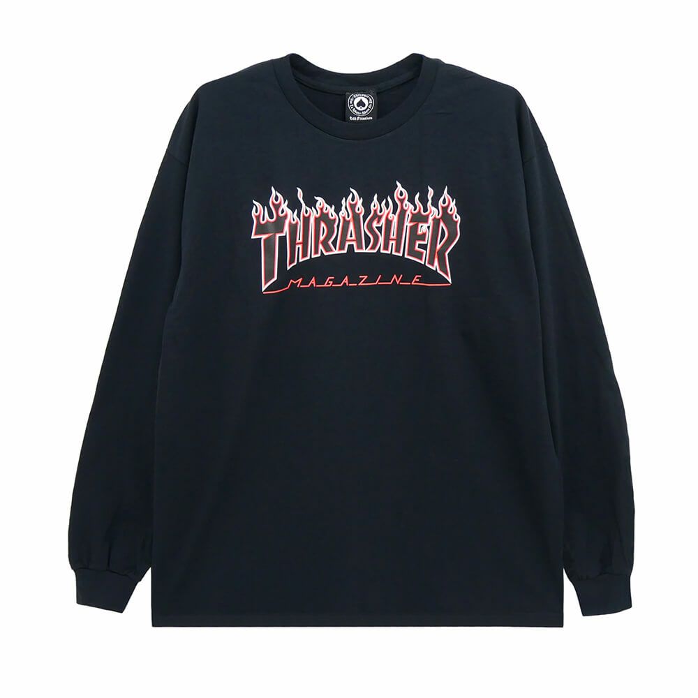 THRASHER LONG SLEEVE スラッシャー ロングスリーブTシャツ FLAME LOGO BLACK/RED（US企画） スケートボード スケボー 