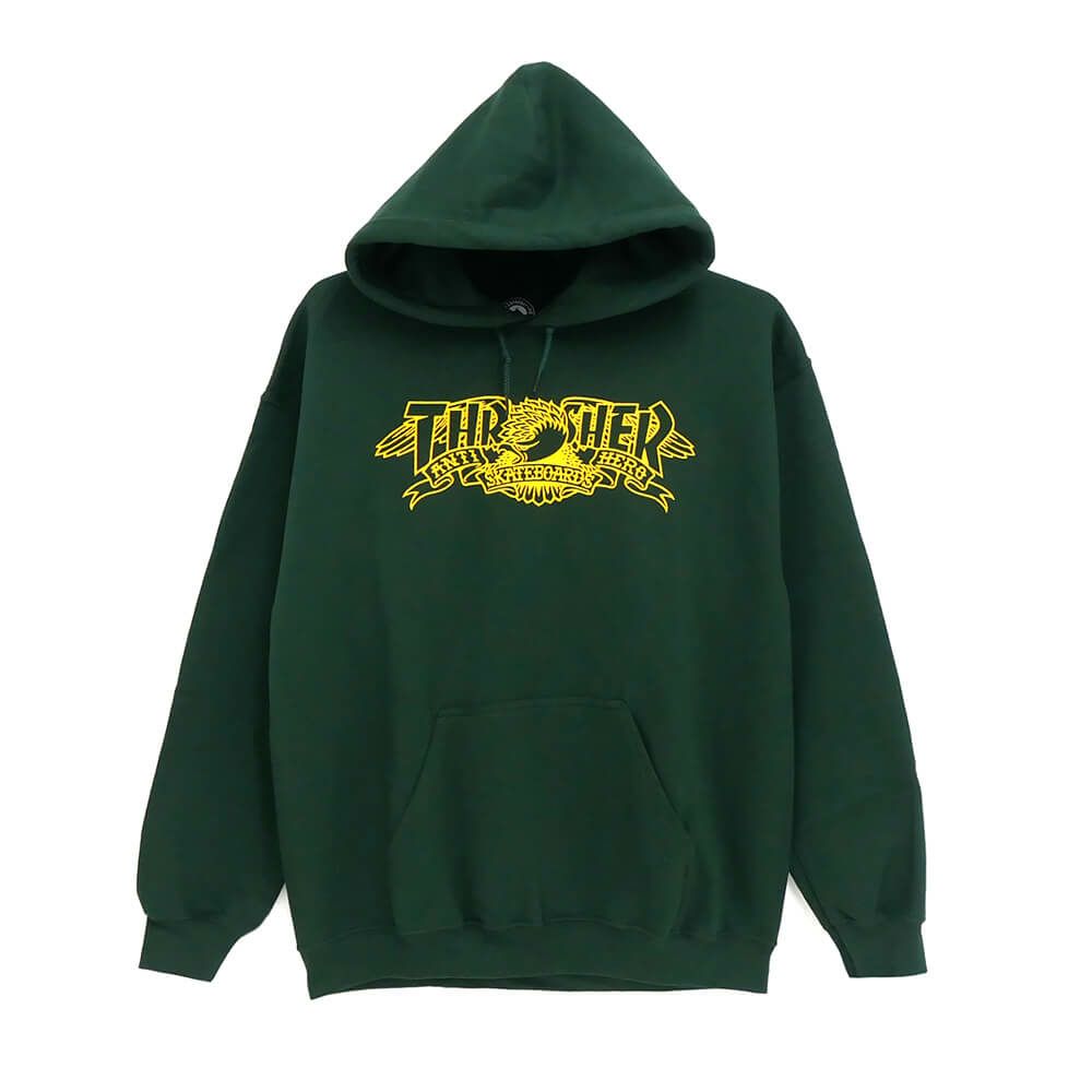  THRASHER HOOD スラッシャー パーカー THRASHER X ANTIHERO MAG BANNER FOREST GREEN（US企画） スケートボード スケボー 