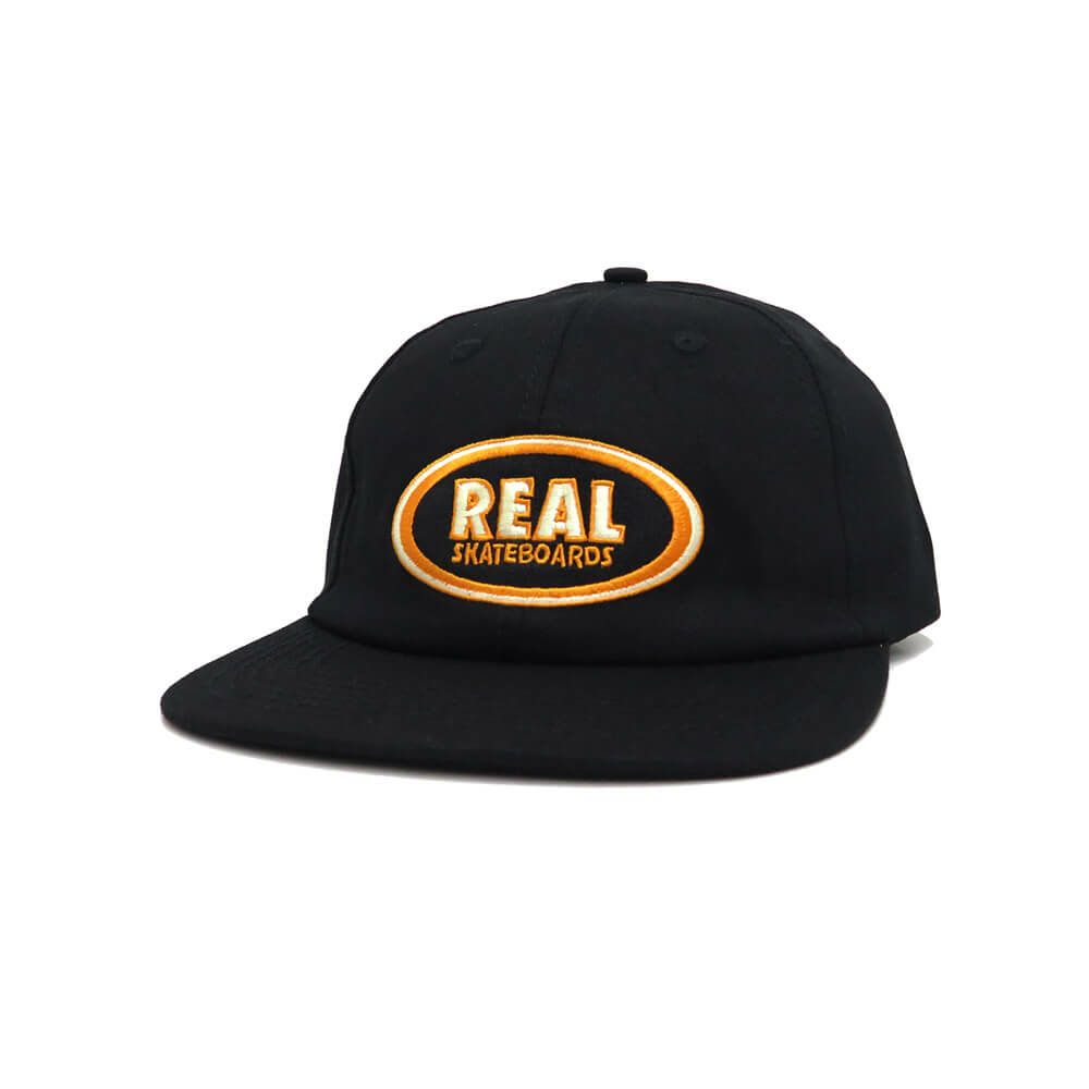 REAL CAP リアル キャップ OVAL EMB STRAPBACK BLACK/CREAM/ORANGE スケートボード スケボー 