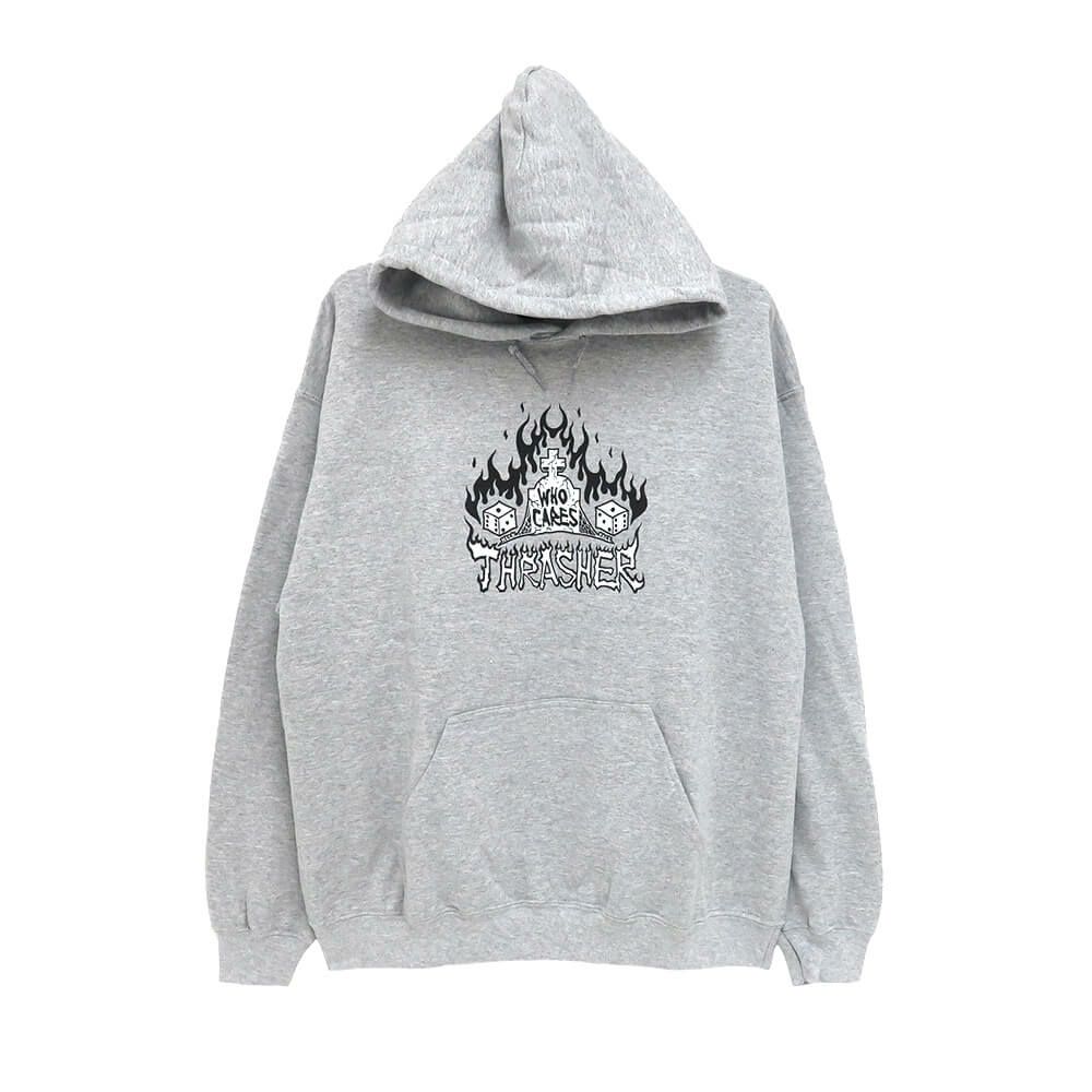 THRASHER HOOD スラッシャー パーカー WHO CARES BY NECKFACE GREY（US企画） スケートボード スケボー 