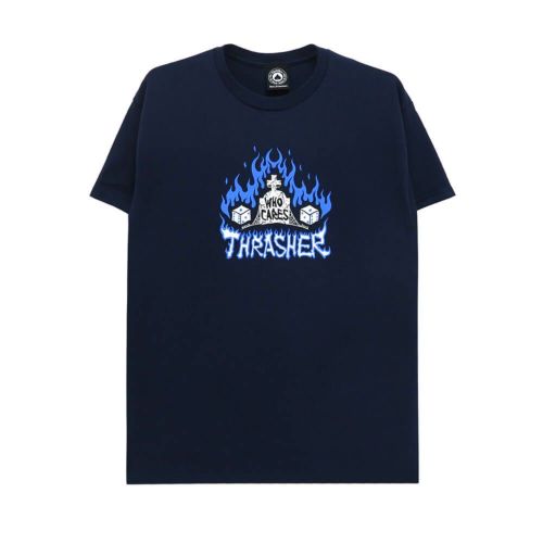 THRASHER T-SHIRT スラッシャー Tシャツ WHO CARES BY NECKFACE NAVY（US企画） スケートボード スケボー 