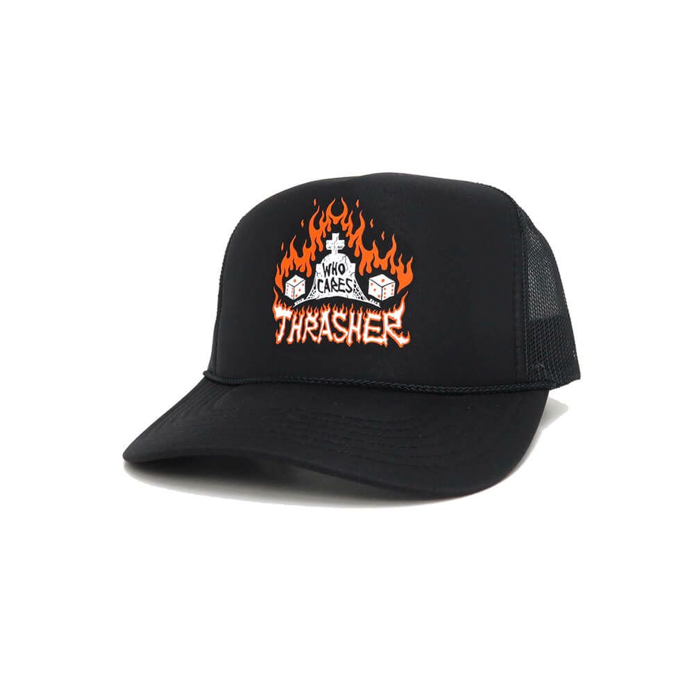 THRASHER MESHCAP スラッシャー メッシュキャップ WHO CARES BY NECKFACE TRUCKER BLACK（US企画） スケートボード スケボー 