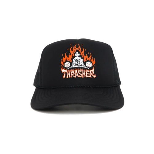 THRASHER MESHCAP スラッシャー メッシュキャップ WHO CARES BY NECKFACE TRUCKER BLACK（US企画） スケートボード スケボー 1