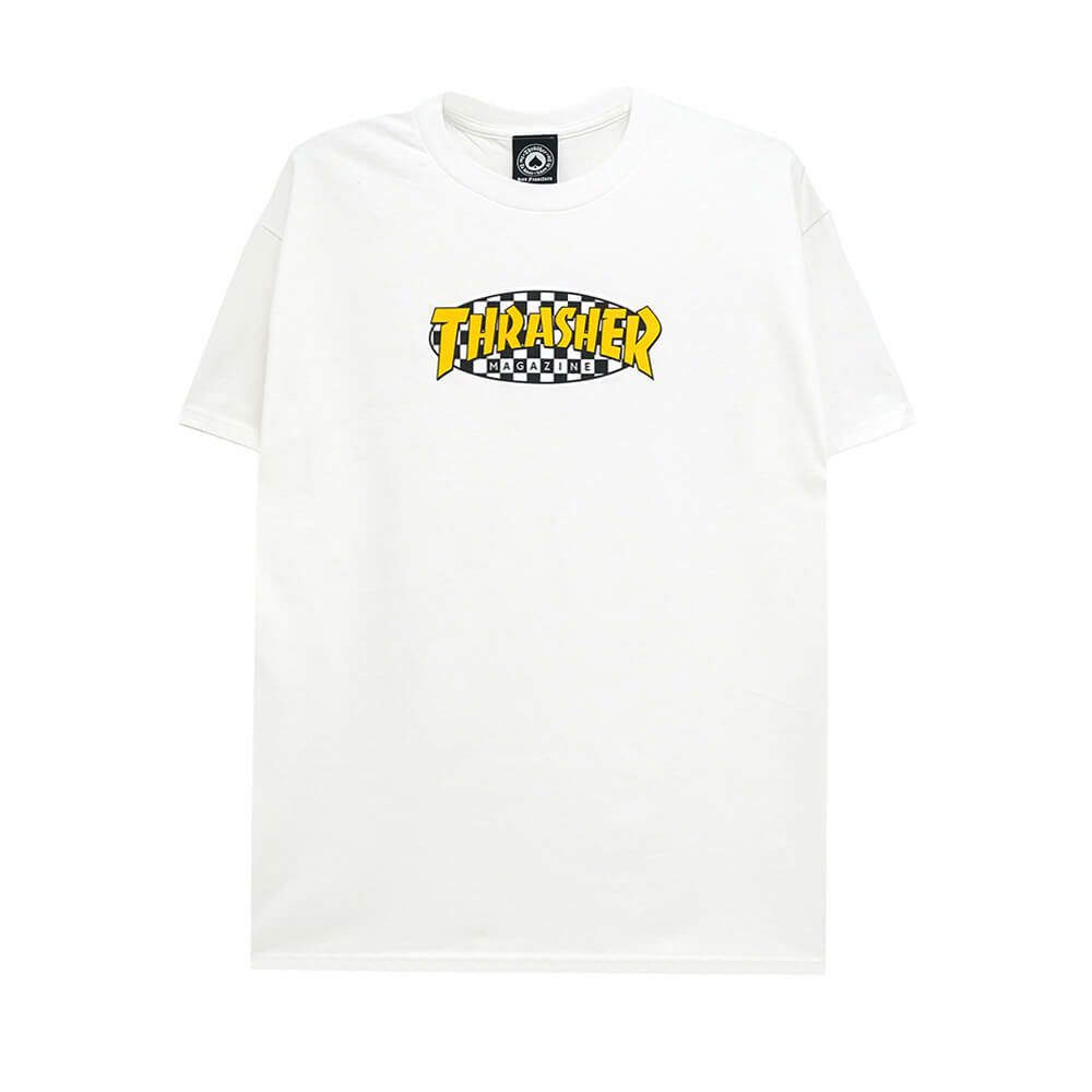 THRASHER T-SHIRT スラッシャー Tシャツ CHECKERED OVAL WHITE（US企画） スケートボード スケボー 
