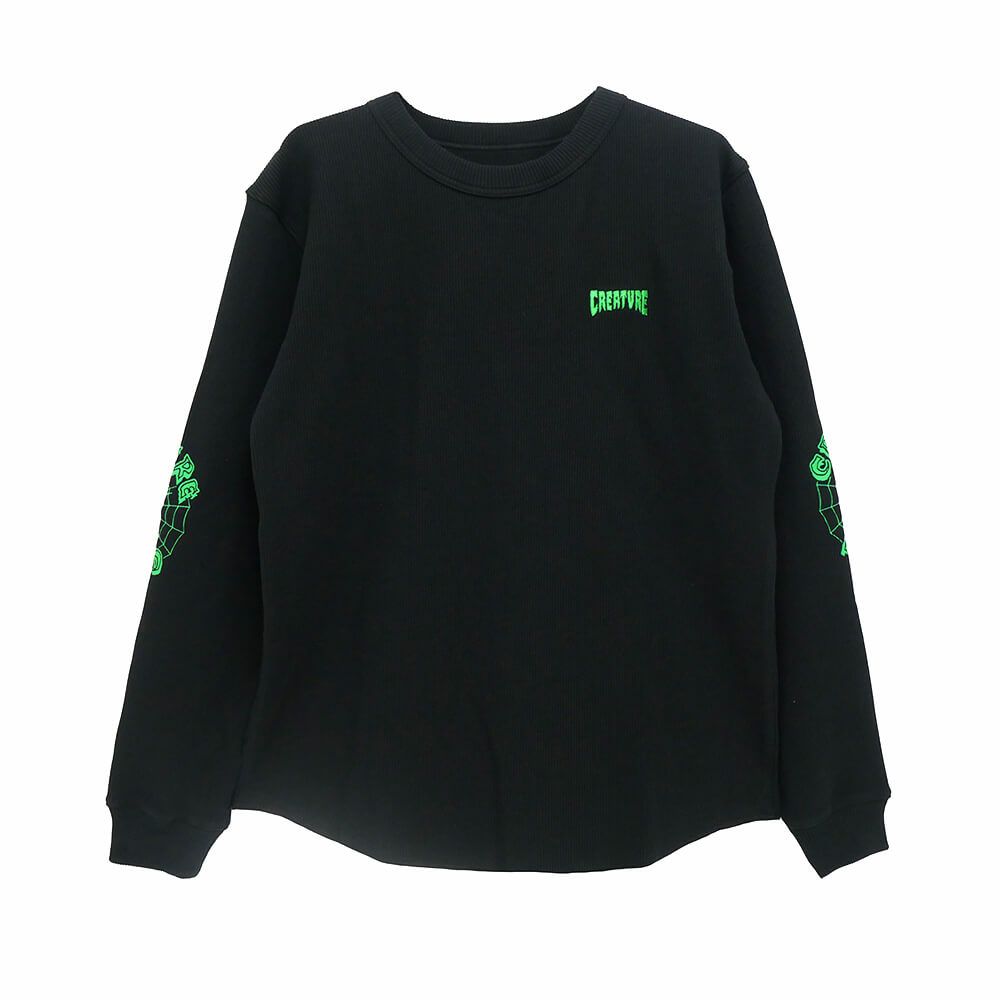 CREATURE LONG SLEEVE クリーチャー ロングスリーブTシャツ WEB THERMAL TOP BLACK/GREEN スケートボード スケボー 