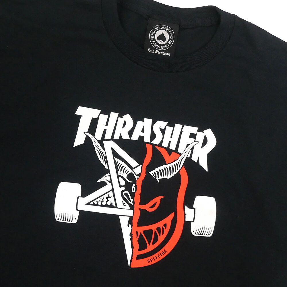 THRASHER T-SHIRT スラッシャー Tシャツ THRASHER x SPITFIRE THRASH & BURN BLACK（US企画） スケートボード スケボー 1