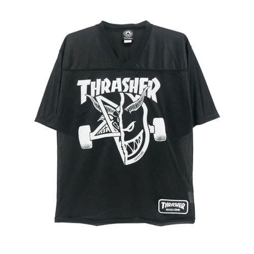 THRASHER SHORT SLEEVE SHIRTS スラッシャー 半袖シャツ THRASHER x SPITFIRE THRASH & BURN FOOTBALL JERSEY BLACK スケートボード スケボー 