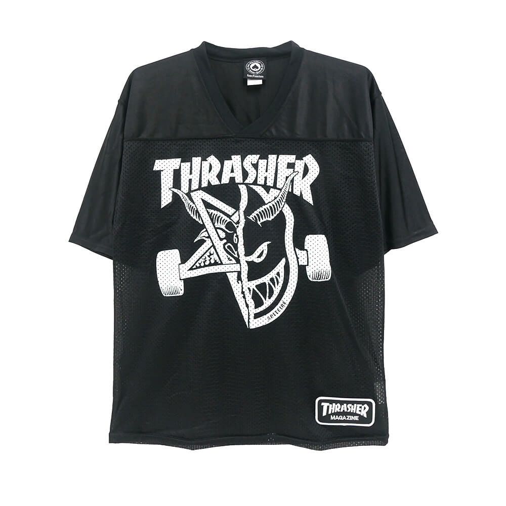 THRASHER SHORT SLEEVE SHIRTS スラッシャー 半袖シャツ THRASHER x SPITFIRE THRASH & BURN FOOTBALL JERSEY BLACK スケートボード スケボー 