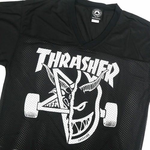 THRASHER SHORT SLEEVE SHIRTS スラッシャー 半袖シャツ THRASHER x SPITFIRE THRASH & BURN FOOTBALL JERSEY BLACK スケートボード スケボー 1