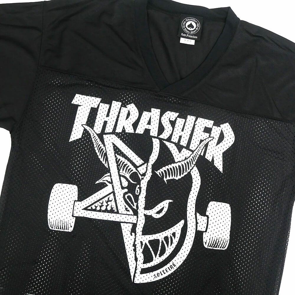 THRASHER SHORT SLEEVE SHIRTS スラッシャー 半袖シャツ THRASHER x SPITFIRE THRASH & BURN FOOTBALL JERSEY BLACK スケートボード スケボー 1
