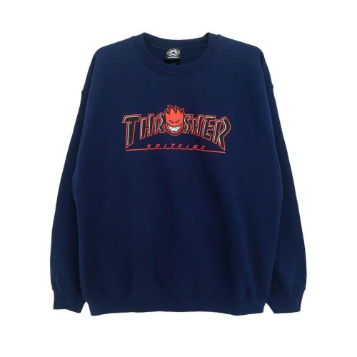THRASHER CREW SWEAT スラッシャー トレーナー THRASHER x SPITFIRE BIGHEAD OUTLINE NAVY（US企画） スケートボード スケボー 