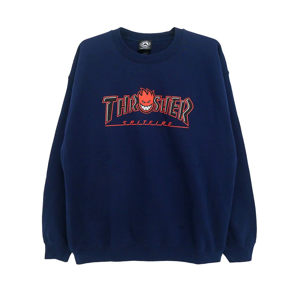 THRASHER CREW SWEAT スラッシャー トレーナー THRASHER x SPITFIRE BIGHEAD OUTLINE NAVY（US企画） スケートボード スケボー 