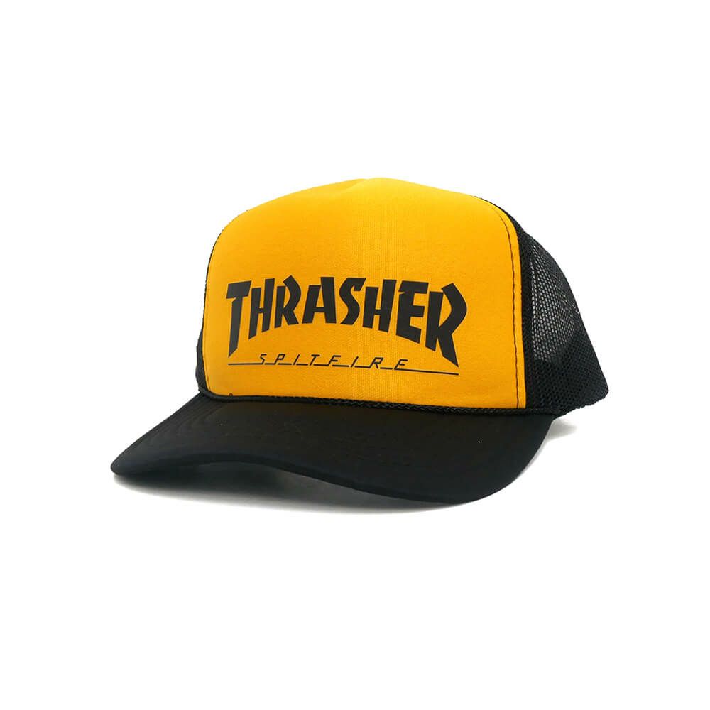 THRASHER MESHCAP スラッシャー メッシュキャップ THRASHER x SPITFIRE TRUCKER BLACK/GOLD（US企画） スケートボード スケボー 
