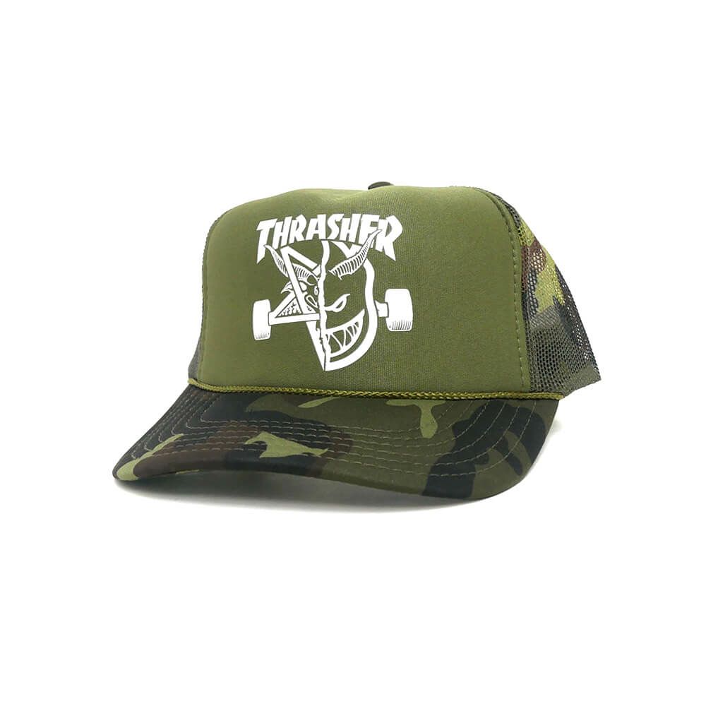 THRASHER MESHCAP スラッシャー メッシュキャップ THRASHER x SPITFIRE THRASH & BURN TRUCKER CAMO ARMY（US企画） スケートボード スケボー 