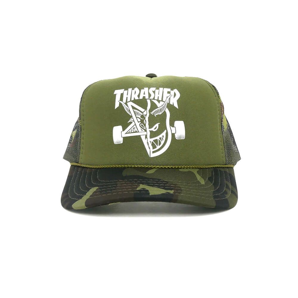 THRASHER MESHCAP スラッシャー メッシュキャップ THRASHER x SPITFIRE THRASH & BURN TRUCKER CAMO ARMY（US企画） スケートボード スケボー 1
