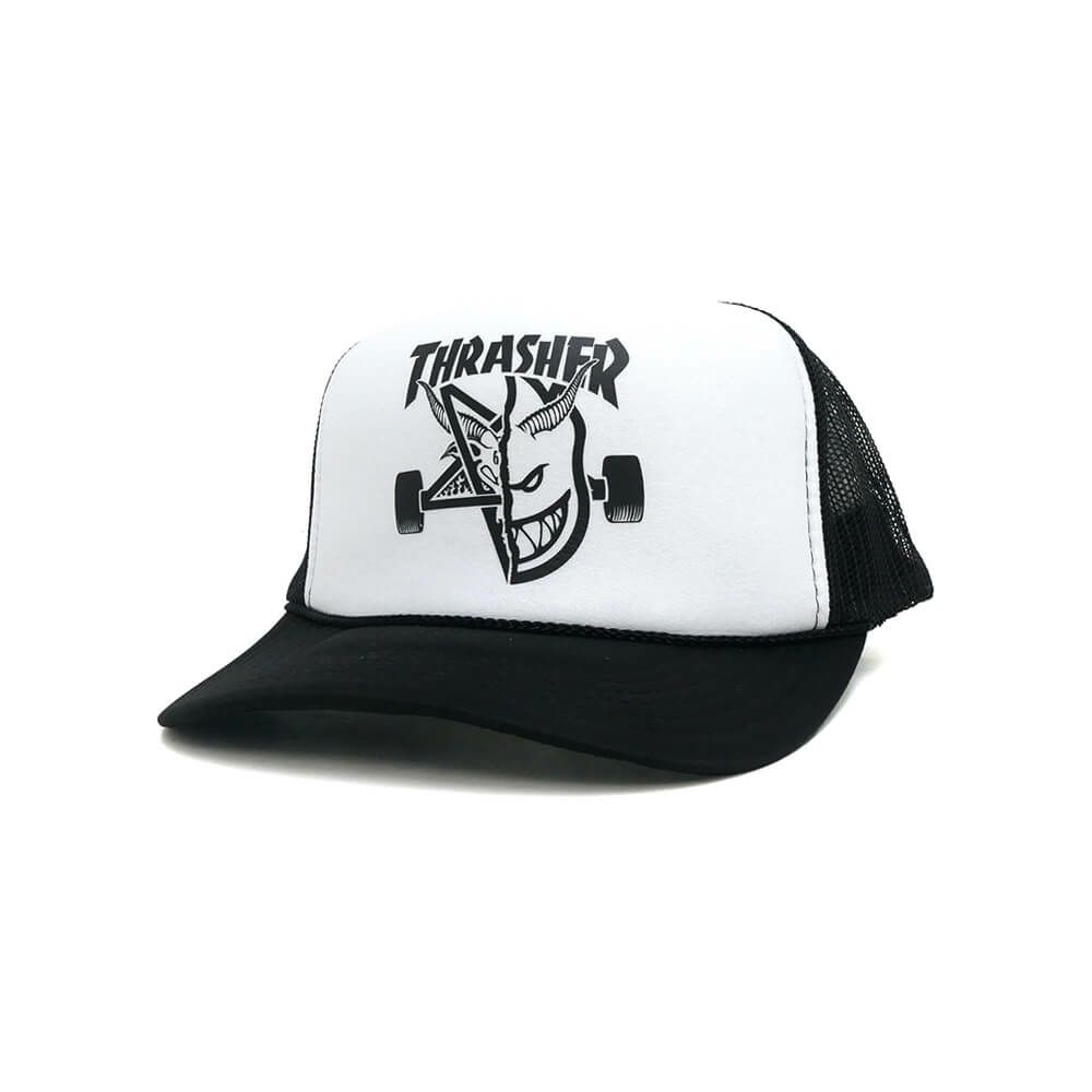 THRASHER MESHCAP スラッシャー メッシュキャップ THRASHER x SPITFIRE THRASH & BURN TRUCKER BLACK/WHITE（US企画） スケートボード スケボー 
