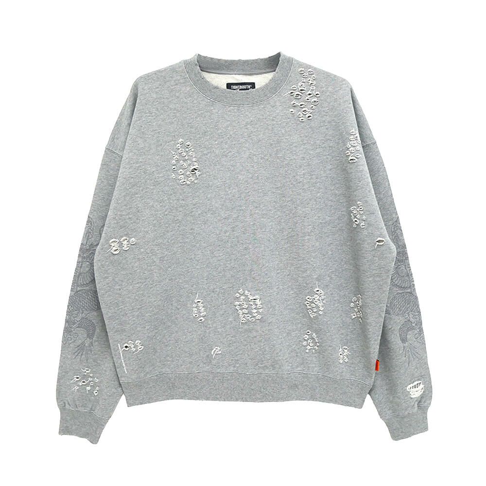TIGHTBOOTH（TBPR） CREW SWEAT タイトブース トレーナー TBPR x DELUXE DAMAGE GREY スケートボード スケボー 